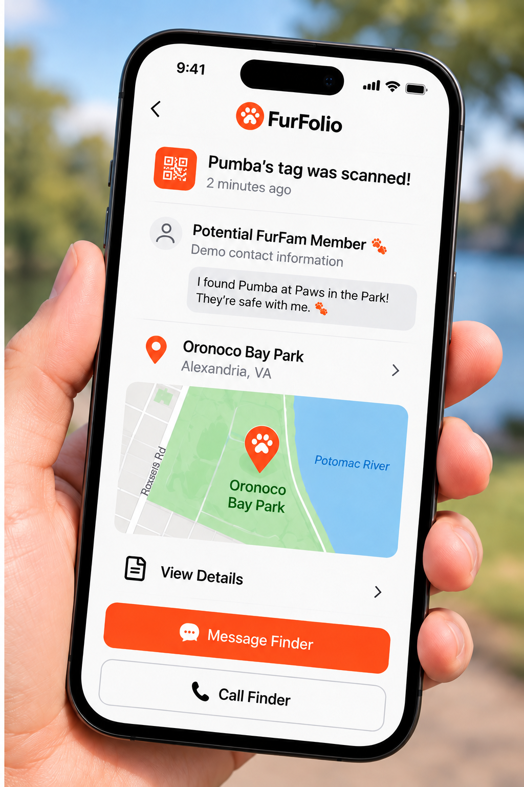 FurFolio notification showing Scooby's QR tag scan and scan location
