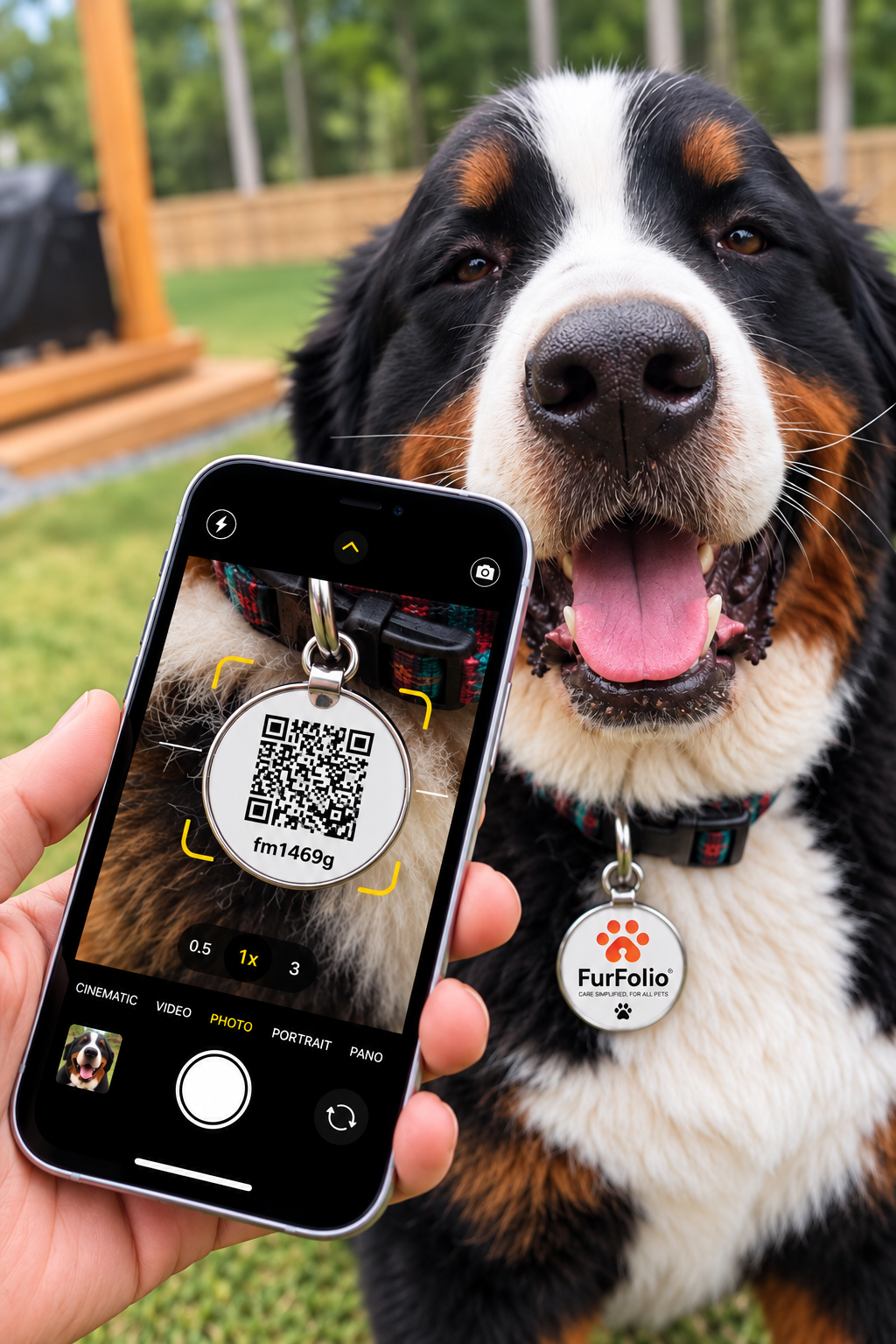 Person scanning a FurFolio Smart QR Pet Tag with a smartphone